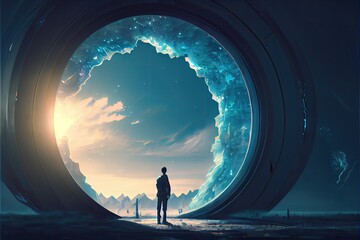 A man standing in a field Infront of a futuristic sci-fi temporal gate, fantasy, anime - generative ai - obrazy, fototapety, plakaty