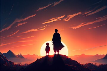 Fototapeta premium Silhouette of a man and his son looking at a beautiful sunset, fantasy, anime - generative ai