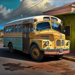 Fototapeta na wymiar Island Commuting by Bus. Caribbean island bus system.