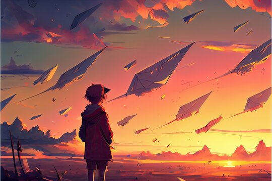 Boy Folding Paper And Making Airplanes At Sunset, Fantasy, Anime - Generative Ai