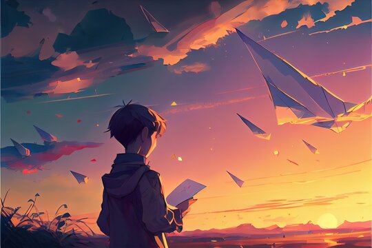 Boy folding paper and making airplanes at sunset, fantasy, anime - generative ai