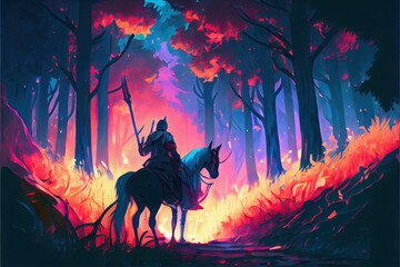 A knight with a spear riding his horse through the forest and fire, fantasy, anime - generative ai 