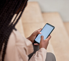 Smartphone, screen and mockup with woman hands or student for social media, online networking and mobile app. Digital typing, 5g technology and person on college stairs for internet, website or chat
