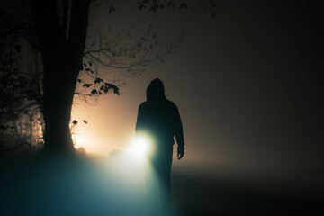 A spooky figure silhouetted in a forest