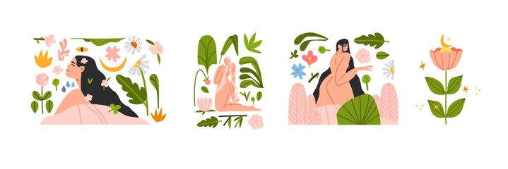 Hand drawn vector abstract modern graphic,clipart illustration of young female character in tropical nature with abstract shapes,leaves,flowers.Modern woman mental health design concept.Female beauty.