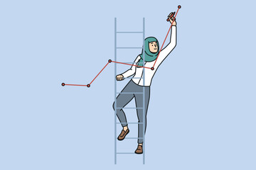 Female Arabic employee in hijab standing on ladder drawing graph or chart. Woman worker paint develop financial report or statistics showing progress. Vector illustration.  © Dzianis Vasilyeu