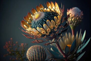 Naklejka na ściany i meble Enigmatic flower reminiscent of the Cape Proteaceae, pointy flame petals and glowing aura. Strikingly beautiful and colorful offworld alien world flora - generative AI illustration. 