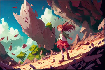 Adventurous girl surprised by falling rocks and landslide, fantasy, anime - generative ai