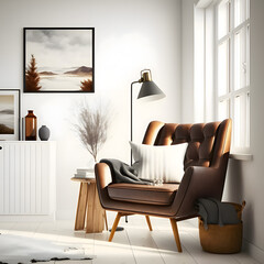 Cozy modern living room interior with Brown armchair and decoration room on a Brown or white wall background, Generative AI
