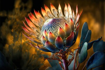 Enigmatic flower reminiscent of the Cape Proteaceae,  pointy flame petals and glowing aura. Strikingly beautiful and colorful offworld alien world flora - generative AI illustration. 