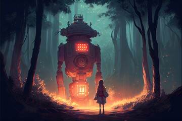 Woman alone in the woods holding a lantern looking at a giant robot, fantasy, anime - generative ai