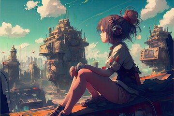 Woman sitting and looking at a futuristic city landscape, fantasy, anime - generative ai 