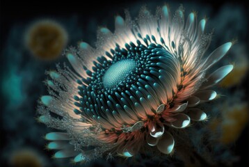 Enigmatic flower reminiscent of the Cape Proteaceae,  pointy flame petals and glowing aura. Strikingly beautiful and colorful offworld alien world flora - generative AI illustration. 