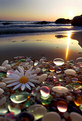 Obraz premium This is a beautiful beach. Under the setting sun, there are many smooth and round transparent Small daisy and transparent and luminous pebbles scattered on the beach. 
