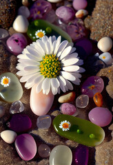 This is a beautiful beach. Under the setting sun, there are many smooth and round transparent Small daisy and transparent and luminous pebbles scattered on the beach. 