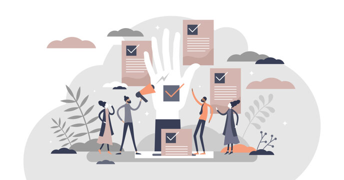 Democracy as government form with speech freedom flat tiny persons concept, transparent background. Society opinion diversity ideology and decision making with vote and referendum option.