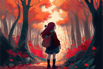 Young girl standing in the autumn forest, fantasy, anime - generative ai