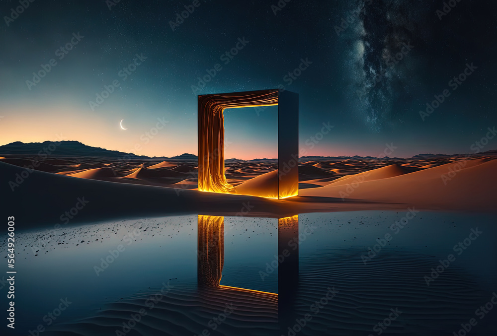 Poster a surreal night desert landscape. abstract sand dunes reflected in a square mirror. yellow neon ligh