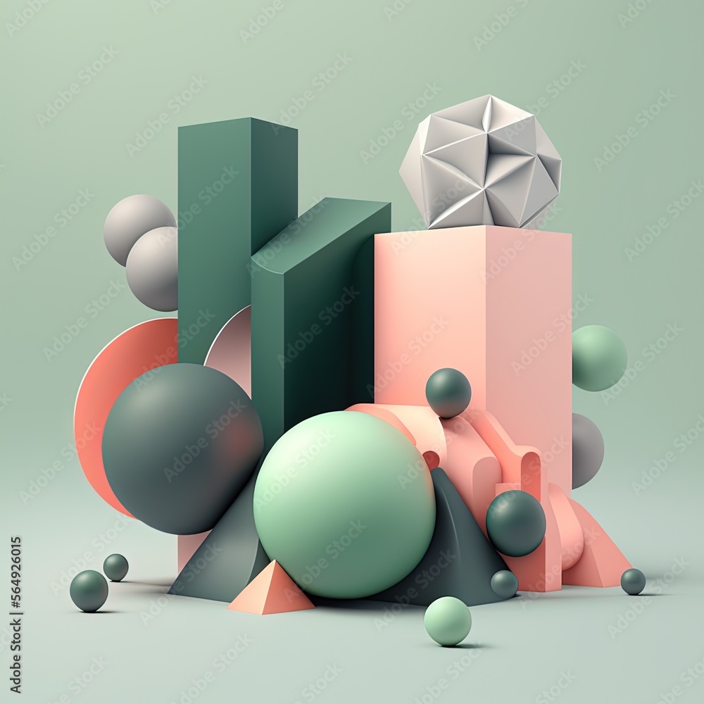 Poster abstract composition. simple geometric shapes. dark colored illustration. floral elements. 3d render