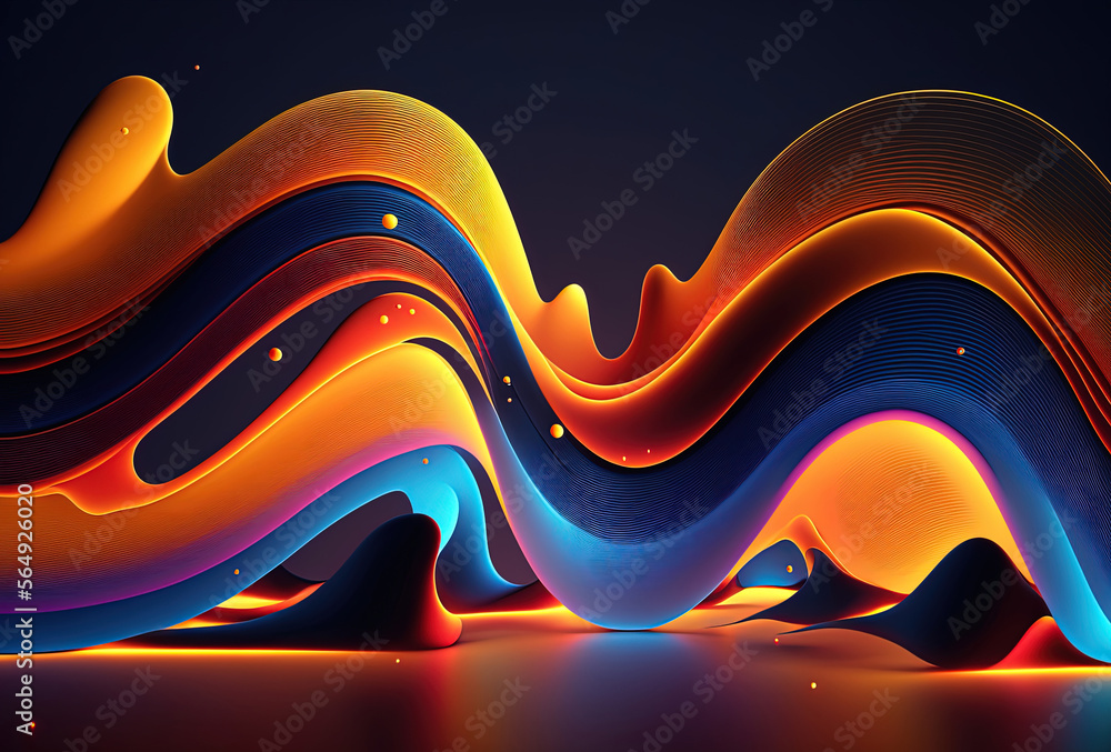 Poster neon colored waves on a dark background. abstract glowing spectrum lines. psychedelic aesthetic. 3d 