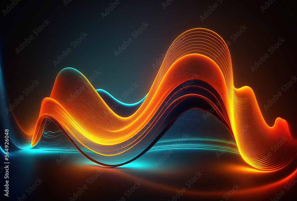 Poster neon colored waves on a dark background. abstract glowing spectrum lines. psychedelic aesthetic. 3d 