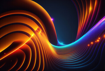 Neon colored waves on a dark background. Abstract glowing spectrum lines. Psychedelic aesthetic. 3D rendering. AI generated.
