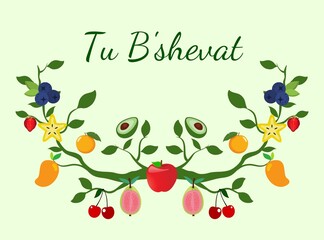 Tu B'shevat day, trees and fruits illustration on green background.