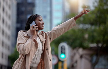 Travel, phone call and black woman with hand for taxi, cab and signal transport service in New York...