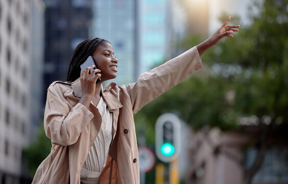 Travel, Phone Call And Black Woman With Hand For Taxi, Cab And Signal Transport Service In New York City Street. Urban Commute, Business And Girl On Smartphone For Network, Communication And Journey