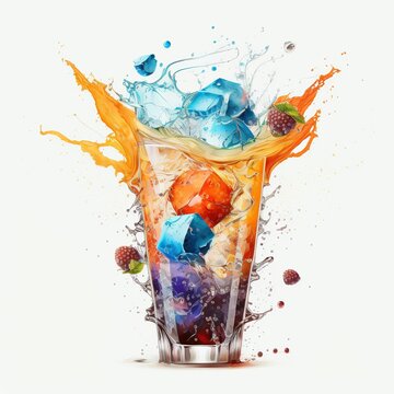 Abstract illustration of a splash of liquid in a glass. Flying orange, berries and mint leaves. 3d render. Generative AI.