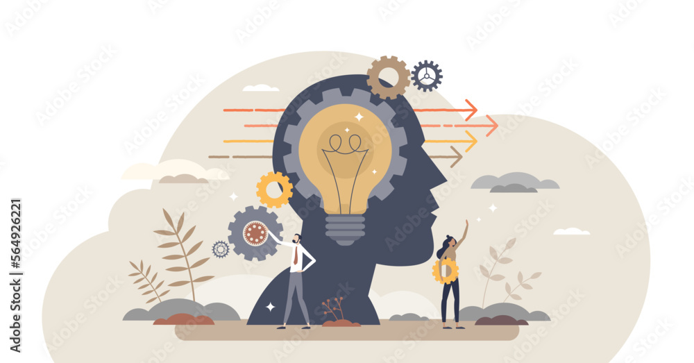 Poster forward thinking or leader solution for development ahead tiny person concept, transparent backgroun