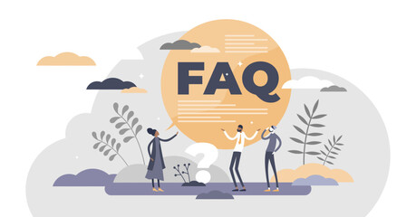 FAQ support as frequently asked questions help in flat tiny persons concept illustration, transparent background. Customer solution answers from web assistance page with advice information. - obrazy, fototapety, plakaty