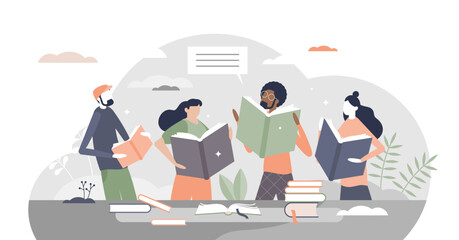 Friends reading books in library literature club meeting tiny person concept, transparent background.Common hobby community or educational entertainment illustration.