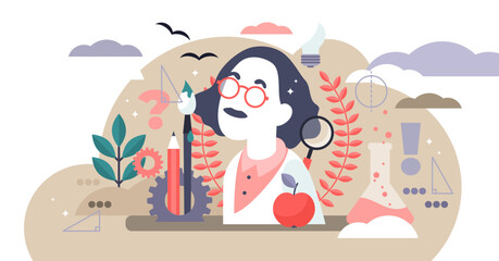 Genius illustration, transparent background. Flat tiny smart scientific persons mind concept. Abstract formulas development and imagination. Wisdom thinking and engineering process.