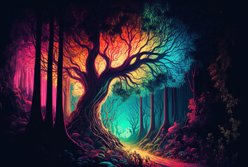 Fototapeta premium The dark trees are illuminated by multicolored psychedelic neon light. A fairytale forest, a surreal, mystical landscape. A mysterious path through the thicket. 3D rendering. AI generated.