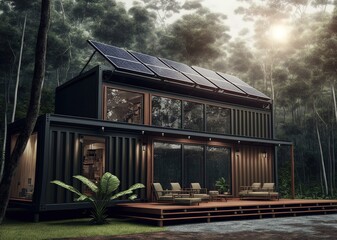 modern industry exterior style house in forest, made from converted shipping container has solar panel roof, beautiful nature landscape,  sustainability for environmental preservation, Generative Ai