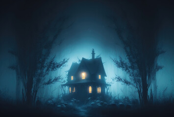 Scary old haunted house in the woods. Dwelling of a witch, a sorcerer. Mystical creepy night fog. 3D rendering. AI generated. - obrazy, fototapety, plakaty