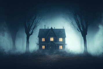 Scary old haunted house in the woods. Dwelling of a witch, a sorcerer. Mystical creepy night fog. 3D rendering. AI generated. - obrazy, fototapety, plakaty