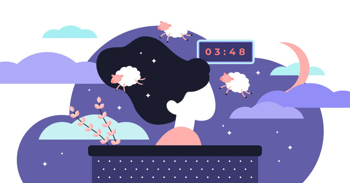 Insomnia illustration, transparent background. Flat tiny sleep time problems persons concept. Abstract sleeplessness disorder visualization. Psychological stress caused low energy, irritability.