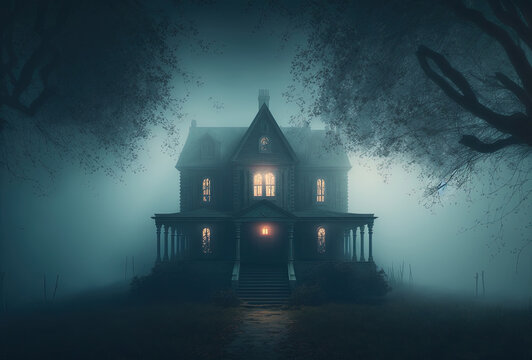 Dwelling Of A Witch, A Sorcerer. Scary Old Haunted House In The Woods. Mystical Creepy Night Fog. 3D Rendering. AI Generated.