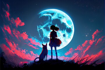 Naklejka na ściany i meble Young woman with dog at beautiful night with huge moon, anime, fantasy - generative ai