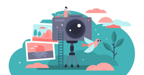 Photographer occupation illustration, transparent background. Flat tiny camera picture person concept. Professional digital film equipment technology. Creative nature image capture on tripod.
