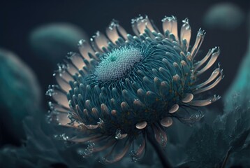 Naklejka na ściany i meble Enigmatic flower reminiscent of the Cape Proteaceae, pointy flame petals and glowing aura. Strikingly beautiful and colorful offworld alien world flora - generative AI illustration. 