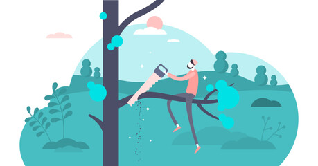 Self sabotage and self defeating mind state concept, transparent background.Flat tiny person illustration.Do not cut the branch you are sitting on.Wrong mental action and problem solving.Business. - obrazy, fototapety, plakaty