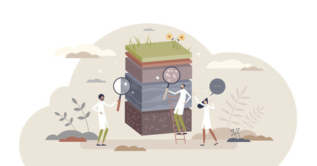 Soil analysis and earth pollution or structure control tiny person concept, transparent background. Nutrients and microorganism composition research.