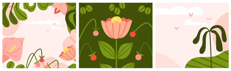 Hand drawn vector abstract modern,clipart illustration of tropical nature scene view with abstract shapes,leaves,flowers.Tropical nature background design concept.Pink sky.Spring landscape background.