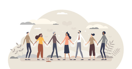 Solidarity and unity in different social ethnic groups tiny person concept, transparent background. Multiracial crowd standing and holding hands as bonding and equality symbol illustration.