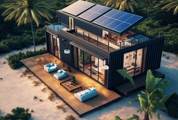 modern industry exterior style house in forest, made from converted shipping container has solar panel roof, beautiful nature lakeside view, sustainability environmental preservation Generative Ai 