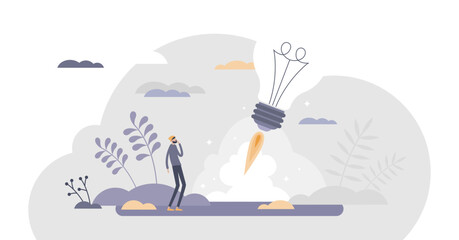 Startup innovation idea with creative project launch tiny persons concept, transparent background. Business vision as rocket start illustration. Work progress opportunity as abstract beginning.