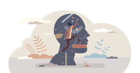 Subconscious mental processes with automatic thoughts tiny person concept, transparent background. Psychological state in deep mind responsible about thinking, bias.